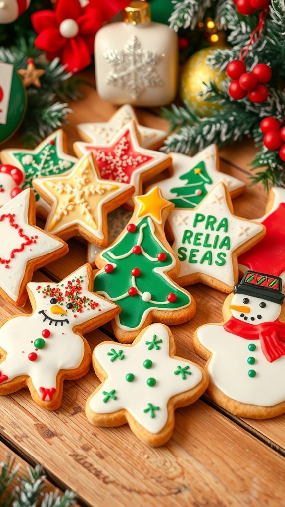 A variety of decorated Christmas cookies including stars, trees, and snowmen on a wooden table.
